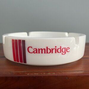 Cambridge White Milk Glass Logo Ashtray Red Stripes Vintage 5.75 inches